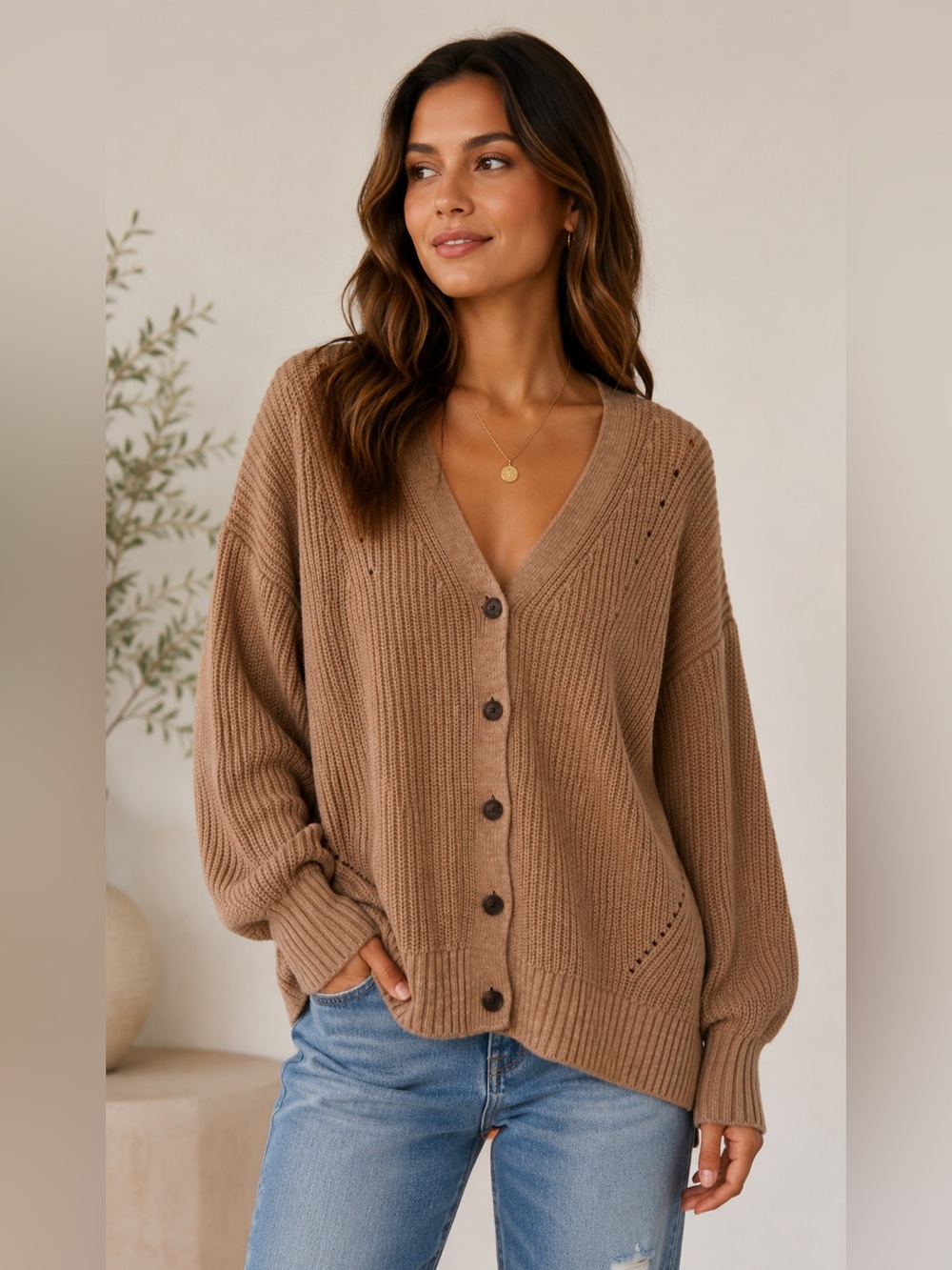 GAP Women’s Oversized Camel Ribbed Knit Cardigan V-Neck Button Front 100% cotton